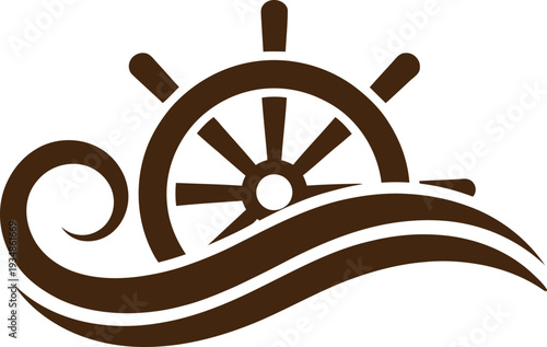 Brown ship wheel with waves and sun isolated on transparent background