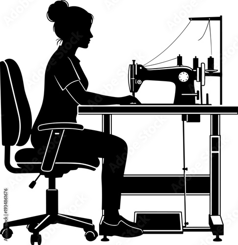 Seamstress working on sewing machine silhouette vector illustration, fashion tailoring workshop scene, professional dressmaking craft process, black textile industry design