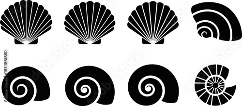 Seashell silhouettes vector illustration set, scallop and spiral shell icons collection, marine ocean nature symbols isolated on white background