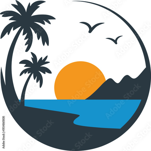 Tropical island landscape with palm trees and sunset over water  serene beach scene