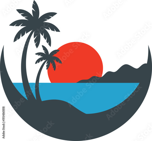 Tropical island landscape with palm trees and sunset over water  serene scenic view