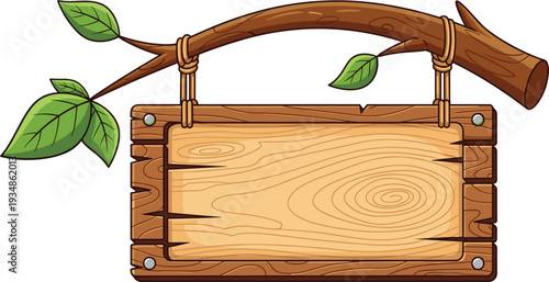  Rustic Wooden Hanging Signboard with Tree Branch and Green Leaves Cartoon Style Vector Illustration