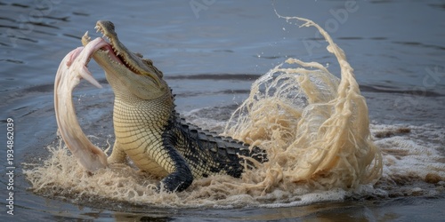 Powerful alligator attack splashing water while catching fish in river wildlife hunting action nature predator scene