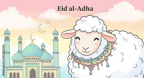 Cartoon Sheep with Ornaments for Eid.