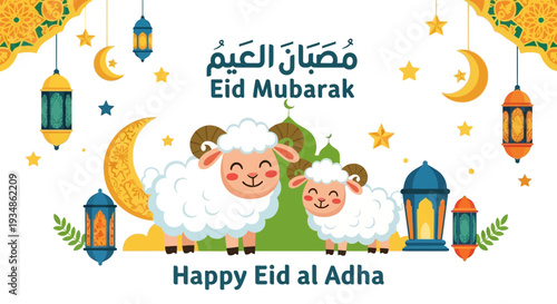 Cute Cartoon Sheep with Lanterns and Crescent.