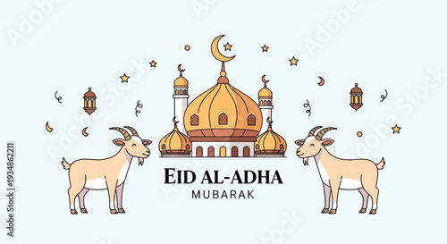 Eid Al Adha Illustration with Mosque and Goats.