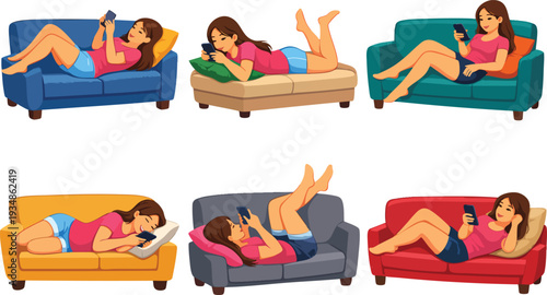 Polygonal vector icon pack of young woman relaxing on various colorful sofas while using smartphone on white background for lifestyle app design web banners social media and home leisure concepts