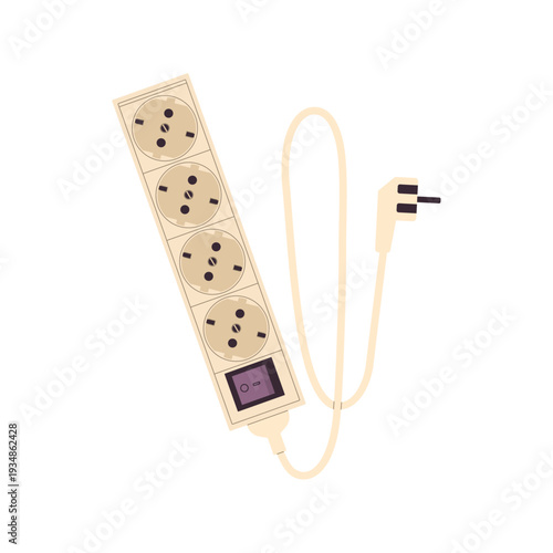 Modern power strip with multiple sockets and plug isolated on white background. Electrical extension cord illustration for home, office and safety design concepts.