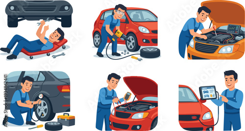 Set of car mechanic character illustrations in flat polygonal style for automotive service maintenance diagnostic and repair works isolated on white background