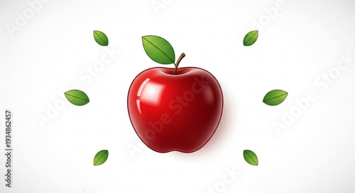 Red apple with leaves on white background vibrant fruit illustration healthy eating concept fresh produce glossy texture symbolic
