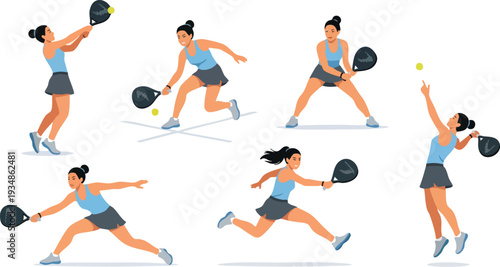 Set of padel tennis player woman character in action on white polygonal background for sport training tutorial social media post athletic branding or digital illustration projects