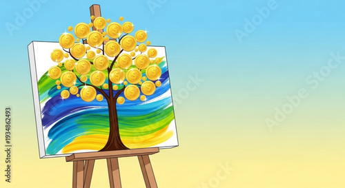 Vibrant tree painting on easel with colorful background and yellow leaves in a creative artistic display