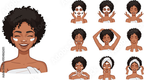 Woman skincare routine set with facial mask and cleansing steps, beauty treatment illustration isolated on white background design