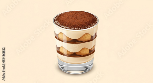 Tiramis dessert in a glass cup with layered ladyfingers and mascarpone cream topped with cocoa powder on a beige background