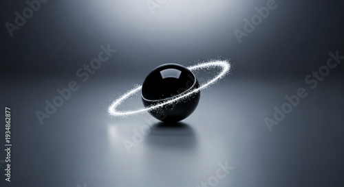 Black metallic sphere with glowing ring on reflective surface surrounded by dark gradient background with soft spotlight effect