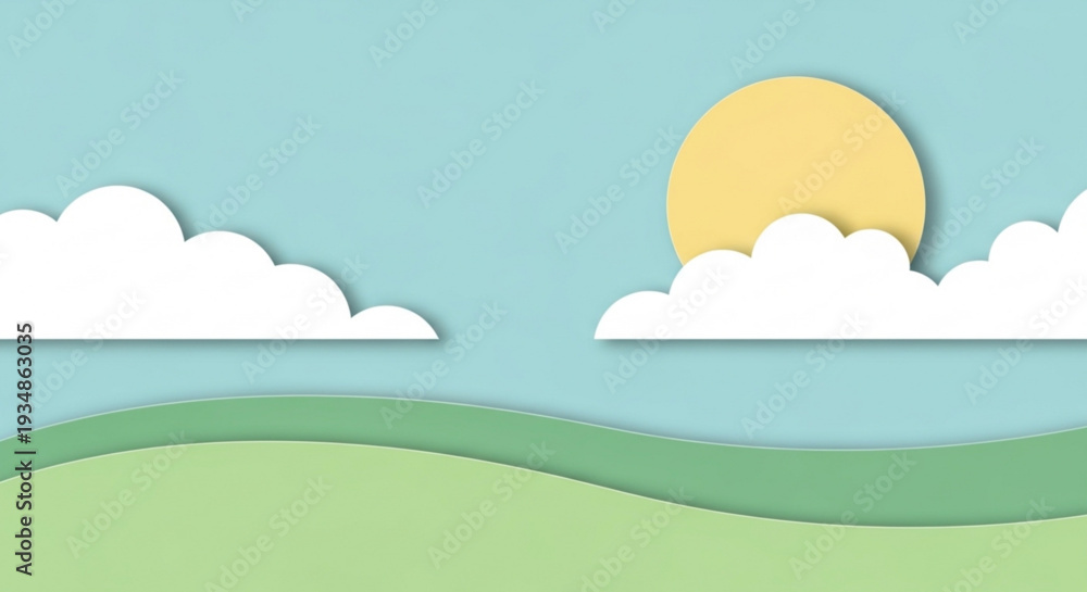 Fototapeta premium Serene landscape with rolling green hills fluffy white clouds and a bright yellow sun in a clear blue sky paper cutout style peaceful
