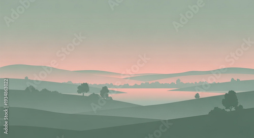 Serene landscape with rolling hills lake and trees at dusk with soft pink sky and greenish gray hues in the foreground and background