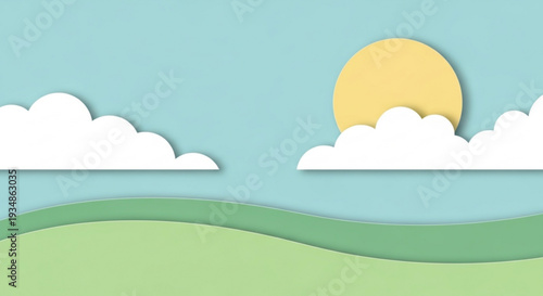 Serene landscape with rolling green hills fluffy white clouds and a bright yellow sun in a clear blue sky paper cutout style peaceful