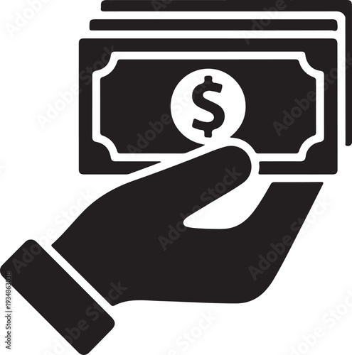 Hand holding dollar bill with white outline on black background money finance cash