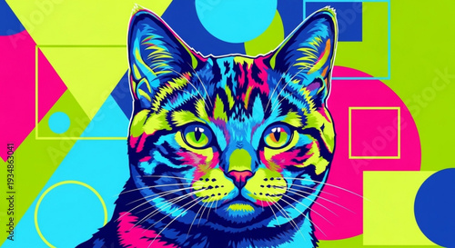 Vibrant cat portrait with abstract geometric background colorful feline illustration modern graphic design element pop art style cat
