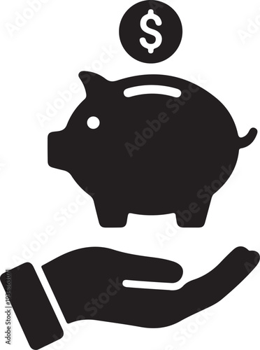 Black piggy bank with hand and dollar coin on white