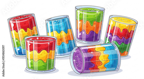 Colorful illustration of six glasses filled with layered liquids in various vibrant colors against a white background