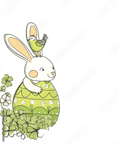 A cute Easter bunny hugging an egg surrounded by clover and flowers in pastel green tones with a simple line drawing A bird perches on the top of the egg as