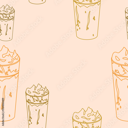 Editable Outline Style Top Side View Iced Korean Dalgona Coffee Vector Illustration in Long Glass Mug as Seamless Pattern for Creating Background of Cafe and Beverage Related Design
