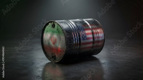 Oil barrel with Iranian and American flags on dark background