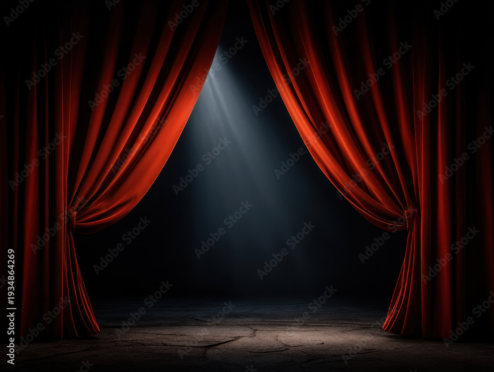 Fototapeta premium Red velvet stage curtain slightly opened revealing dark empty stage lit by single dramatic spotlight creating moody theatrical atmosphere