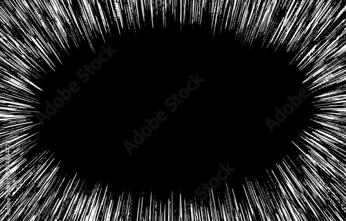 かすれ加工の集中線フレーム 黒背景に白の爆発・強調エフェクト