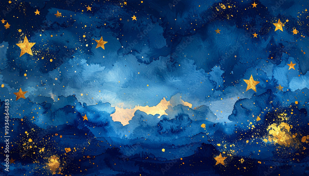 Fototapeta premium ネイビー水彩の夜空に金星と中央の光の帯