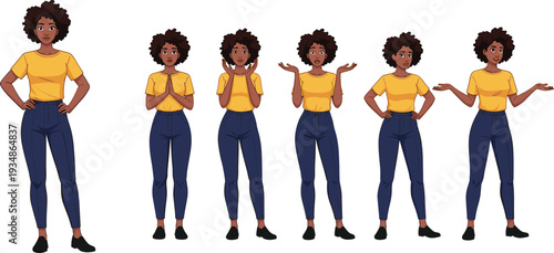 Young woman showing different emotions and gestures, presentation and communication concept illustration isolated on white background design