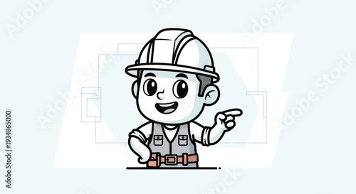 Cartoon Construction Worker Wearing Hard Hat.