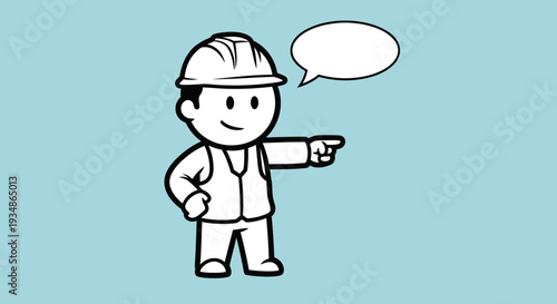 Cartoon Engineer Character Pointing with Speech Bubble.