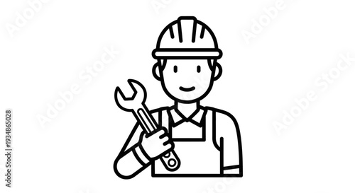 Cartoon Mechanic Holding Adjustable Wrench Tool.