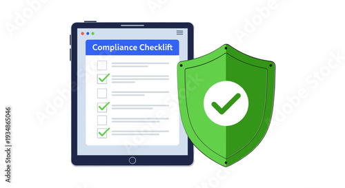 Green Shield with Checkmark on Tablet.