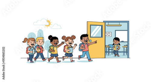 Diverse Children Entering School Building Together.