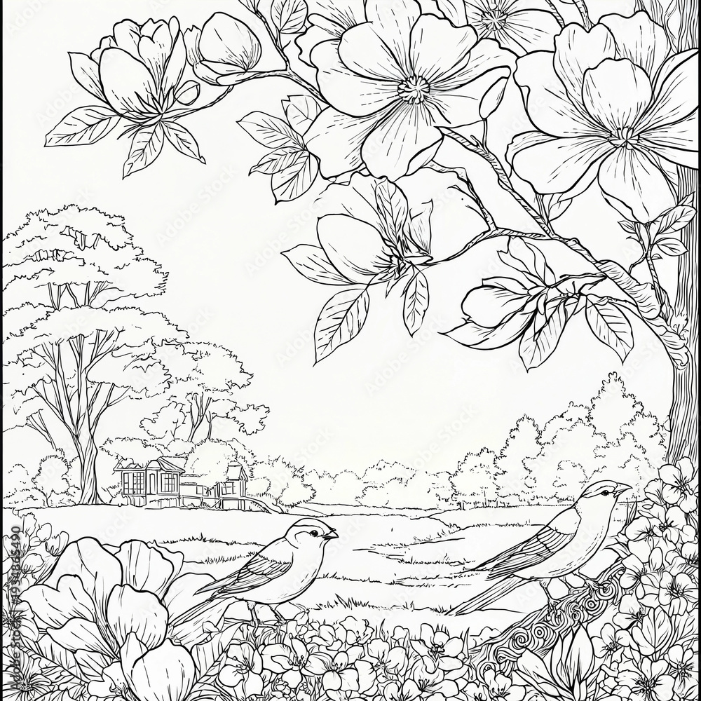 Fototapeta premium Peony & Bird Line Art Frame Illustration