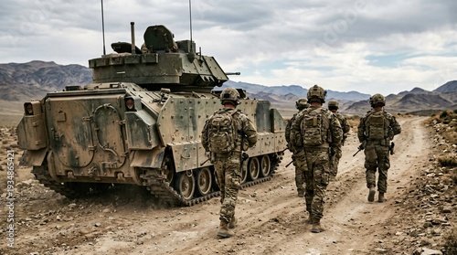 US Army Soldiers Patrolling Desert Terrain With M2 Bradley Fighting Vehicle – War Photography