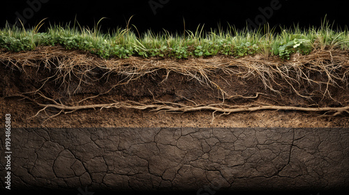 Wallpaper Mural Grass root cross section soil layers with visible roots and topsoil showing grass and clover, earthy texture and cracked subsoil in horizontal composition conveying natural growth and resilience Torontodigital.ca