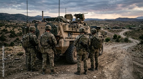 Military Soldiers Guarding Armored Vehicle During Desert Combat Operation Near Village Outpost