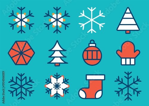 A collection of twelve festive icons showing snowflakes and Christmas stockings is displayed in a grid on a solid teal surface for winter design.