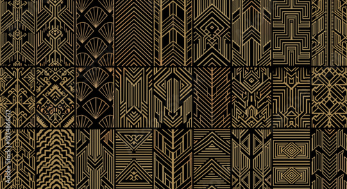 Set of geometric patterned tiles with intricate gold and black designs