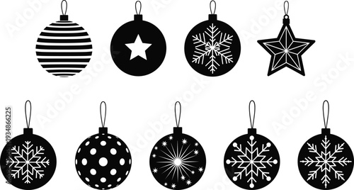Black Christmas ornament silhouette set with stars snowflakes and striped baubles isolated on white background