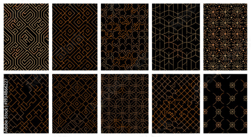 Collection of intricate geometric patterns with dark tones and gold accents