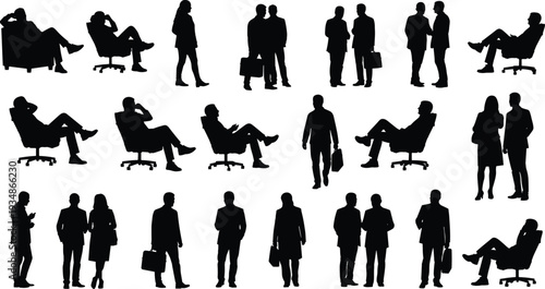 Business People Silhouette Set Corporate Professionals Standing Walking and Meeting Vector Collection Isolated on White