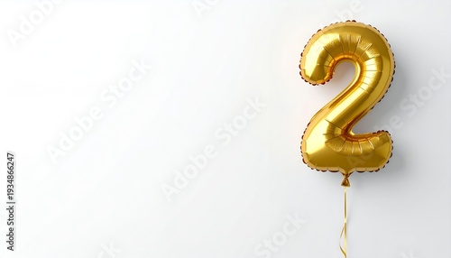 흰색 배경에 매달린 황금색 숫자 '2' 모양 풍선, 기념일, 생일, 축하, 이벤트, 파티, 긍정적인 분위기