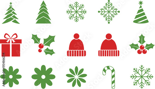 Christmas Icon Set with Tree Snowflake Gift Holly Candy Cane and Winter Symbols Vector Collection