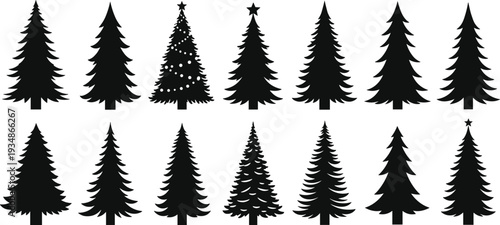 Christmas tree silhouette set of pine fir evergreen shapes isolated on white holiday vector collection